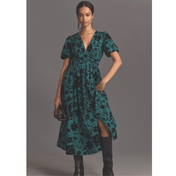 Anthropologie Dresses & Skirts - Anthropologie Katerina Whimsigoth Midi   Emerald Green Black Floral Burnout M